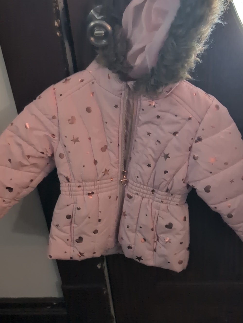 S. Rothchild Pink Hooded Puffer Jacket with Metallic Hearts & Stars 3T